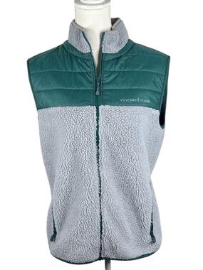 Vineyard Vines Men's Green & Gray Classic Zip Down Sherpa Full Zip Vest Size S
